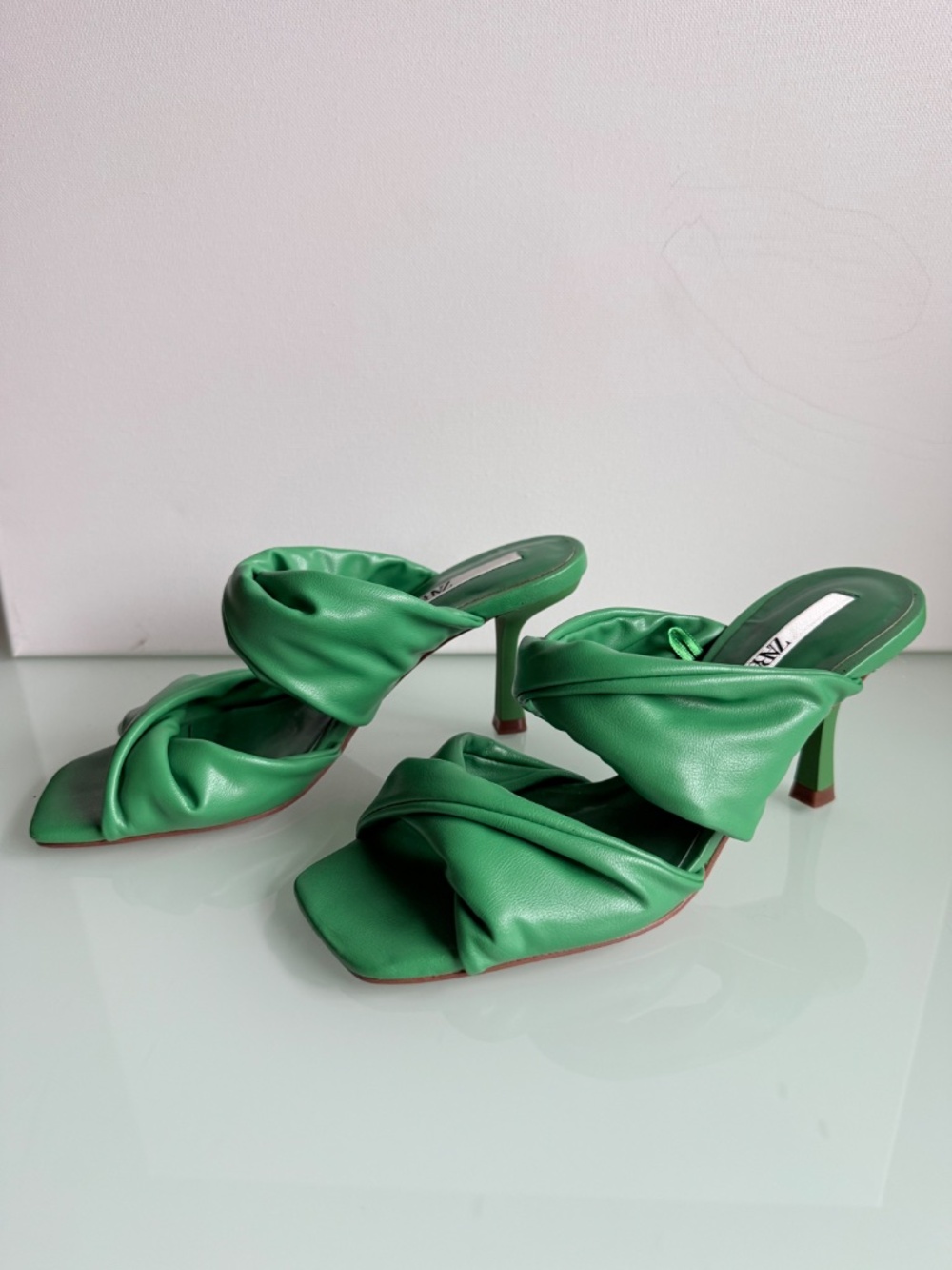 Zara Green Ruched Heeled Sandals Size 36 Double Strap Open Toe - Picture 2 of 11
